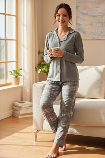 LİMİSSİ Women's Modal Fabric 100% Cotton Plaid Luxury Pajama Set