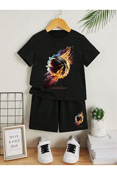 Kids Yazlık Ateşli Top Baskılı Erkek Çocuk Siyah Alt-Üst Şort T-Shirt Takım