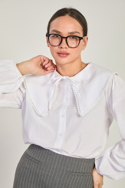 BARRELS AND OIL Women's Wide Baby Collar Long Sleeve Shirt - White