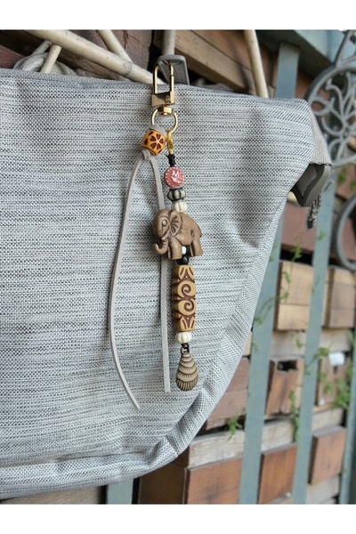 WhimsyWhite Bohemian Ethnic Elephant Figured Bag Charm, Handmade Keychain, Lu...