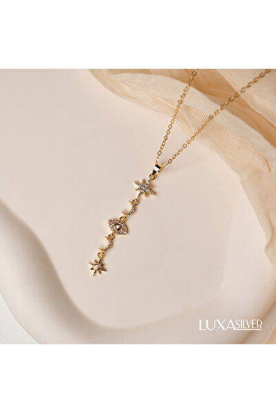 luxa silver jewellery Y Kolye Sallantılı Zirkon Taşlı Gold Yüksek Çelik Kolye...