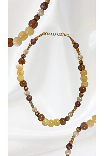chibi Yellow Amber Tones Large Bead Design Necklace with Amorphous Pearl Bead...