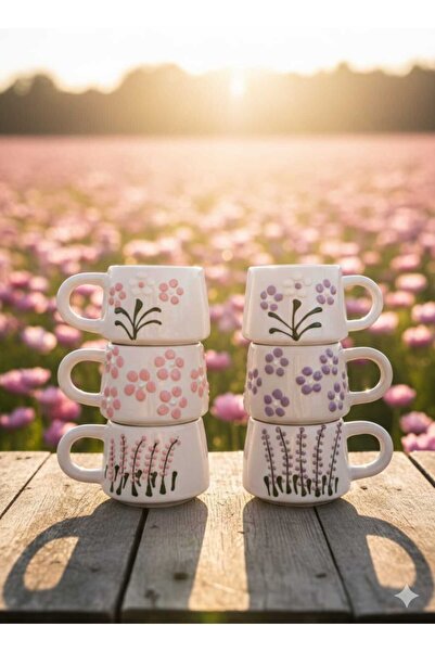 CEYU SERAMİK Lavanta & Papatya Desenli Seramik Kupa Seti (6’lı)