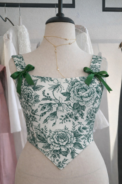 KARDELEN YAPALI Yeşil Çiçek Desenli Kurdele Askılı Korse Büstiyer