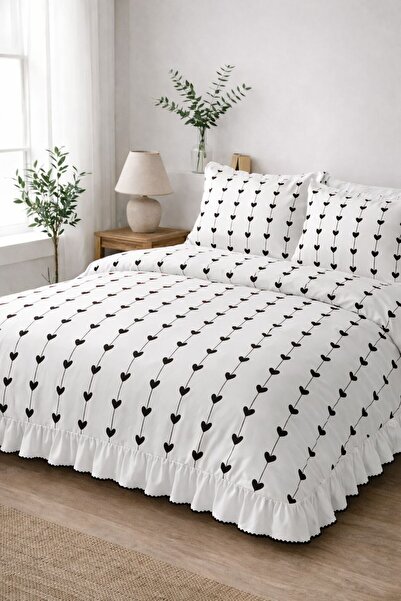 BESTİNA GOLD Double Duvet Cover Set 100% Cotton Heart and Bow Ornament Overlo...