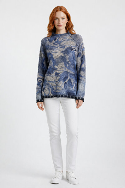 Neden Tekstil Blue Half Turtleneck Tulip Patterned Glittery Knitwear Sweater