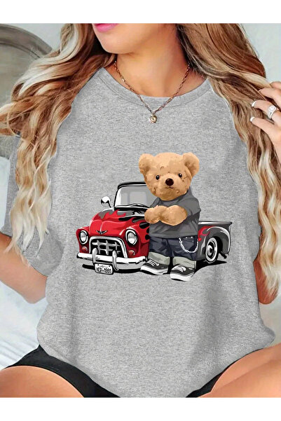 Sweet Cotton تي شيرت تيدي مطبوع من القطن بياقة دائرية كبيرة الحجم