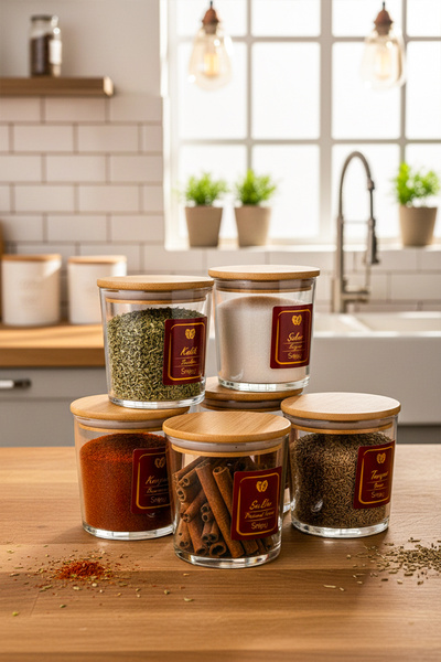 Snippy Lang - 6'lı Bambu Vakum Kapaklı Etiketli Cam Saklama Kabı Baharatlık S...