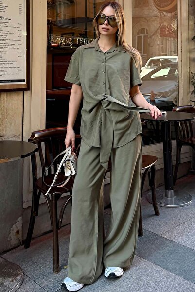 Swist Haki Kısa Kol Bağlama Detay Uzun Gömlek-Pantolon Kadın Alt Üst Takım