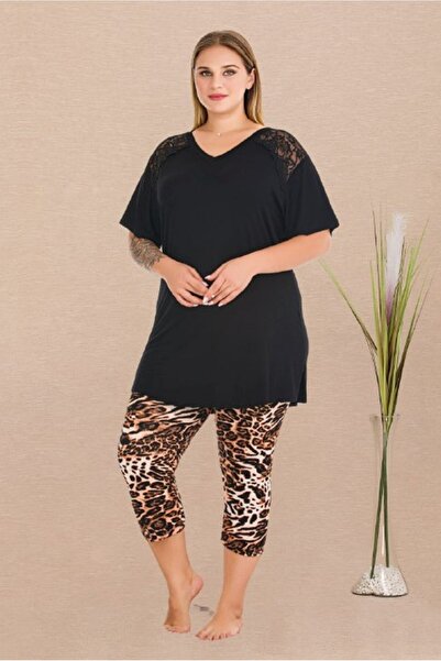 by İGP Black Leopard Patterned Cotton Plus Size Capri Leggings Pajama Set