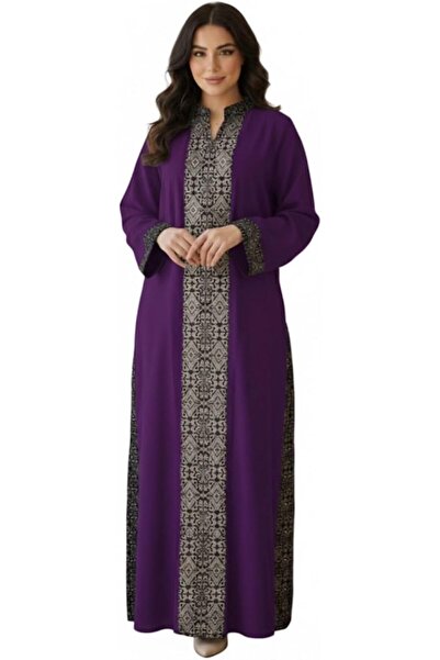 Lamis Nawar Elegant Black Abaya with Gray Geometric Print