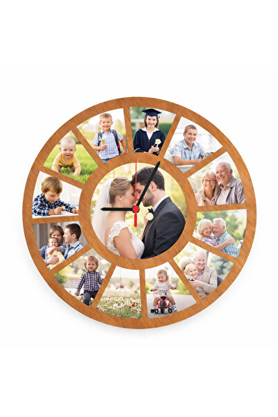 Özel Tasarım Kişiye Özel 12 Fotoğraflı Ahşap Duvar Saati Hatıra Saat Dekorati...