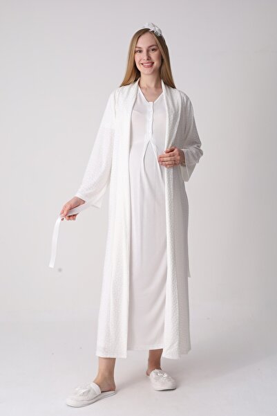 BLACKMORE Women's Ecru Jacquard Patterned Lace Cotton Maternity Nightgown-Dre...