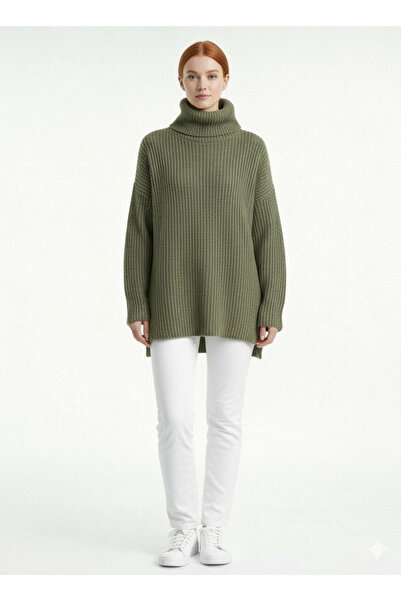 Neden Tekstil Khaki Turtleneck Sweater with Side Slits, Loose Knitwear