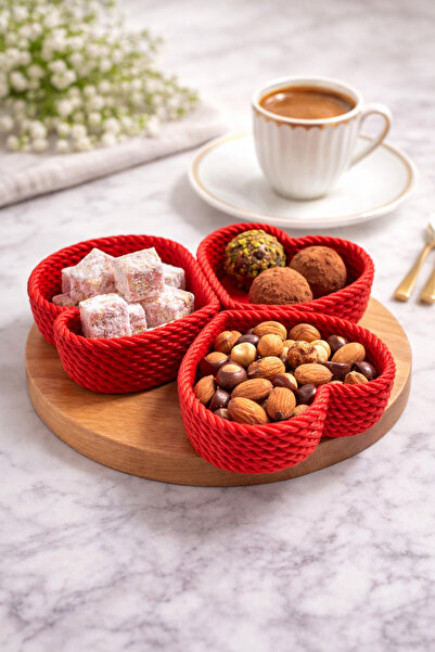 ABENOVA Kalpli Kahve Sunumluk 3’lü Set – Lokumluk & Çerezlik Kırmızı