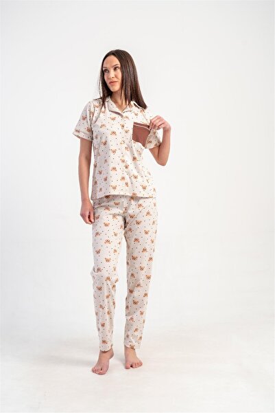 OBJE Women's Beige Bear Print Button Detailed Top