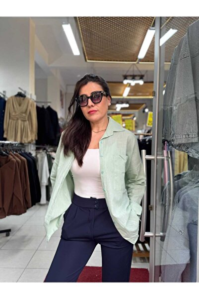 MODA Kadın Oversize Keten Gömlek Tek Cepli Yazlık Salaş Gömlek Standart Beden...