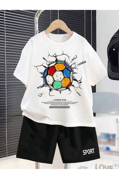 Kids Summer Colorful Ball Lettering Sport Printed Boys' Black Shorts, White T...