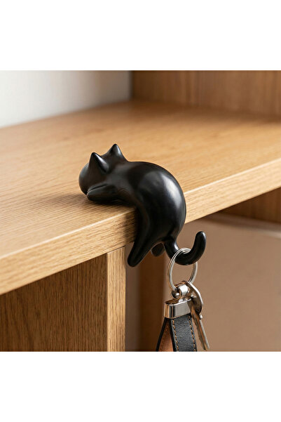 nelerbulurum Yapışkanlı Köşe Uyumlu Kedi Askılık Siyah Dekoratif Anahtarlık v...