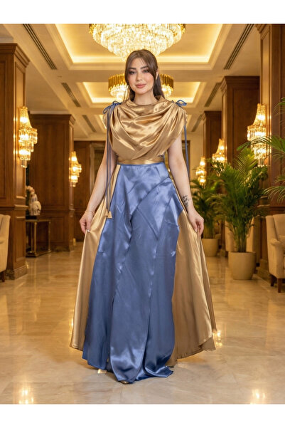 TREN Draped Satin Taffeta Maxi Gown Premium Two-Tone Formal Evening Wear with...