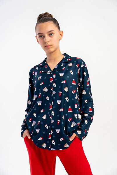 OBJE Girls' Indigo Marla Shirt Collar Buttoned Long Sleeve Pajama Top