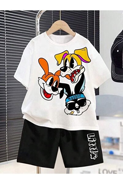 Kids Summer Triple Ninja Dog Printed Boys and Girls Black Shorts, White T-Shi...