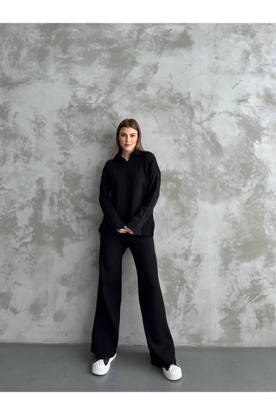 Hazinedan Women's Knitwear Double Set Polo Neck Sweater and Pants