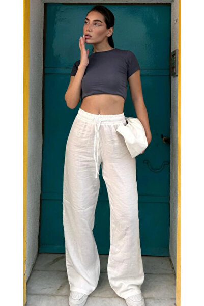 S&A DESIGN Women's Linen Blend Muslin Fabric Loose Wide-Leg Trousers