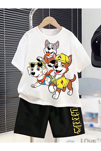 Kids Summer Hat and Glasses Three Dog Print Boys Girls Black Shorts, White T-...