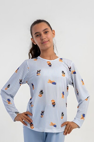 OBJE Girl's Blue Teddy Bear Pattern Lycra Polyviscon O-Neck Long Sleeve Pajam...
