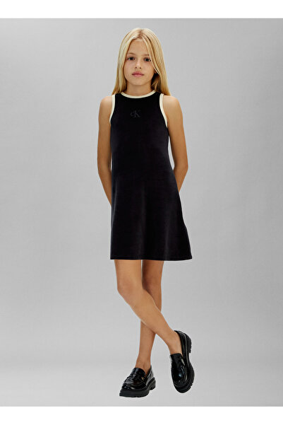 Calvin Klein Desenli Siyah Kız Çocuk Diz Üstü Elbise IG0IG03080BEH