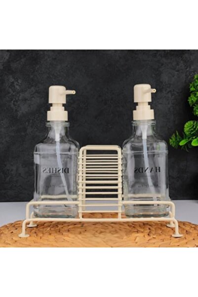 markentegra 2'li Şeffaf Cam Sıvı Sabunluk ve Losyonluk Seti - Metal Stand ile...