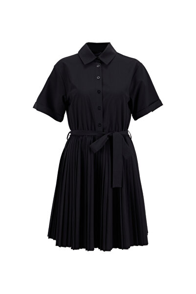 Fabrika Gömlek Yaka Düz Siyah Diz Üstü Kadın Elbise F6SL-ELB0153