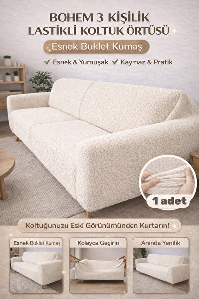zerif home Bohem 3'lü Koltuk Örtüsü Esnek Lastikli Çekyat Kılıfı Kaymaz Tam O...