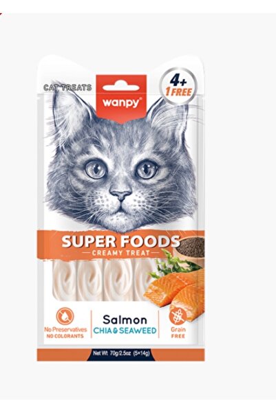 Wanby Cat treats, creamy salmon and seaweed flavored superfoods, 5 x 14g