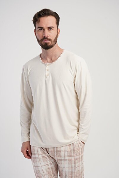 OBJE Men's Beige Patched Long Sleeve Oversized Pajama Top