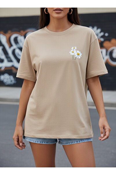 ship master Daisy Printed Beige Women's T-Shirt 100% Cotton Oversize Basic