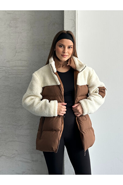 FERZOLAİO Plush Detailed Quilted Brown Coat