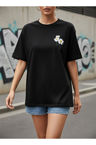 ship master Tricou negru cu imprimeu Daisy pentru femei, 100% bumbac, oversiz...