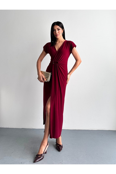 FERZOLAİO Burgundy Long Dress with Buckle V-Neck