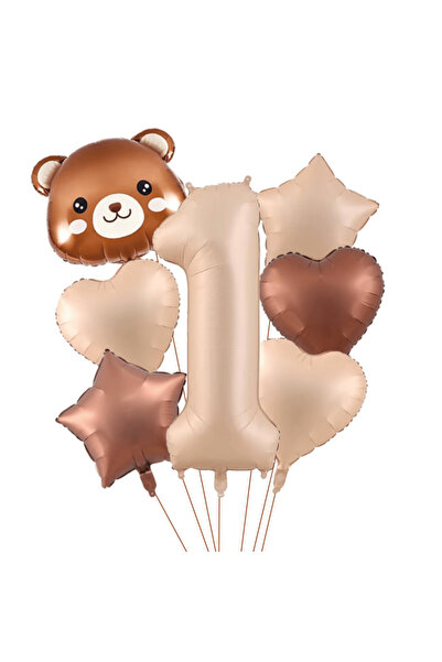 Bunloon Caramel Color 1 Year Old Teddy Bear Themed 7 Piece Foil Balloon Set