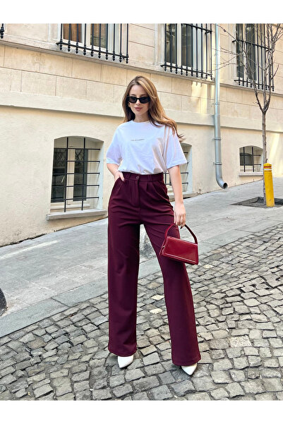 FERZOLAİO Women's High Waist Buttoned Burgundy Palazzo Pants