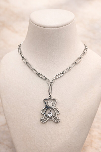 Westia Women's Steel Necklace with Zircon Stone and Teddy Bear Figure |   Sil...