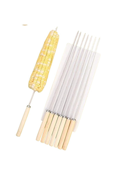 NO BRAND 6 أسياخ كباب، أسياخ شواء، مقابض خشبية، أعواد كباب معدنية قابلة لإعاد...