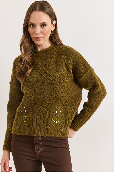 Olalook Women's Oil Green Stone Detailed Textured Thick Knit Sweater Kzk-1900...