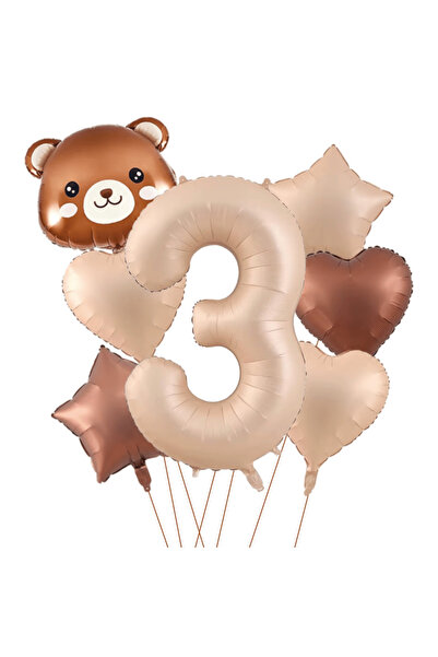 Bunloon Caramel Color 3 Year Old Teddy Bear Themed 7 Piece Foil Balloon Set