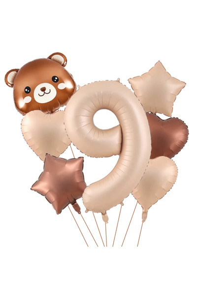 Bunloon Caramel Color 9 Year Old Teddy Bear Themed 7 Piece Foil Balloon Set