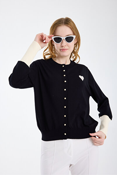 Moda Days Women's Black Wide Cuff Pearl Buttoned Knitwear Cardigan