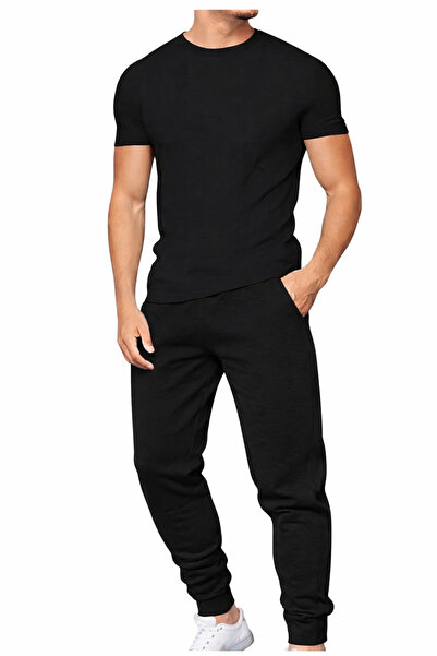 SAAT TEKSTİL Men's Black Basic T-Shirt & Jogger Tracksuit Set – Slim Fit Casu...