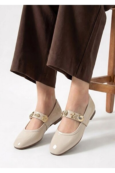 Nstil Daily Women's Beige Ballerina Shoes with Straps and Gold Buckle, Silent...